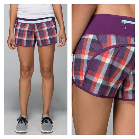 Lululemon Women Run Speed Times Short 4” Size 6 Wheezy Check Plaid Berry Gym Run - Picture 1 of 9